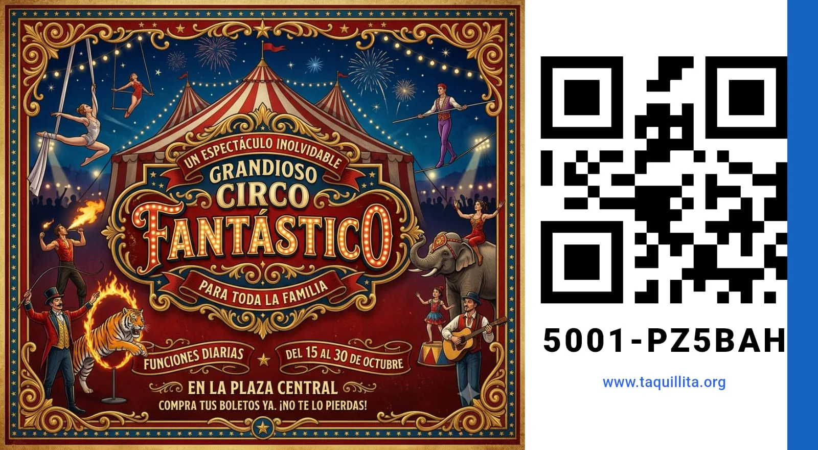 Boleto digital de Taquillita para el Gran Circo Fantástico, con código QR y folio