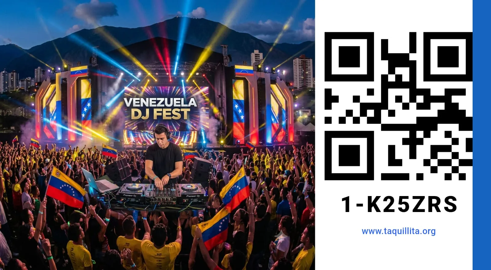 Entrada digital de Taquillita para el Venezuela DJ Fest, con código QR y folio